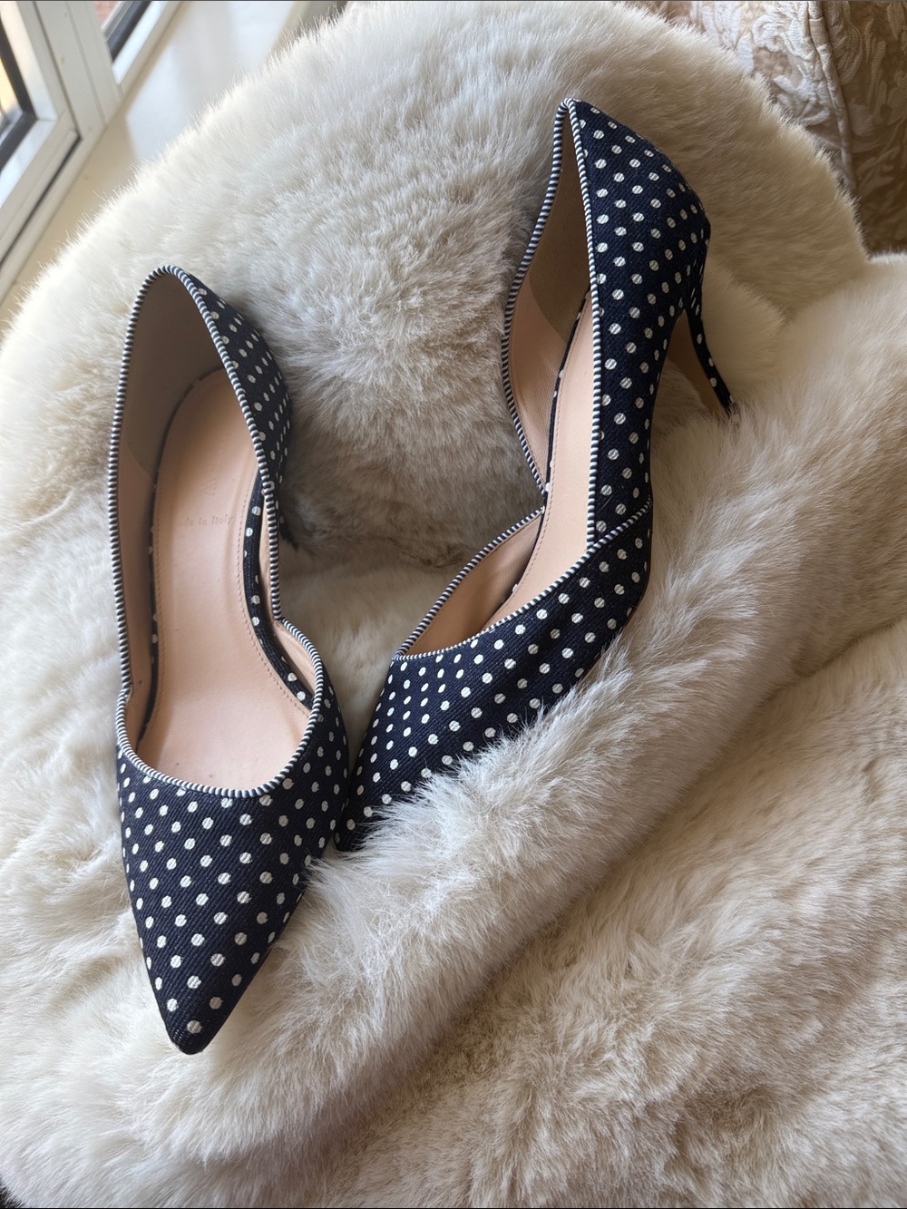 J. Crew Navy and White Polka Dot Pointed Toe Pumps. Made in Italy!!!